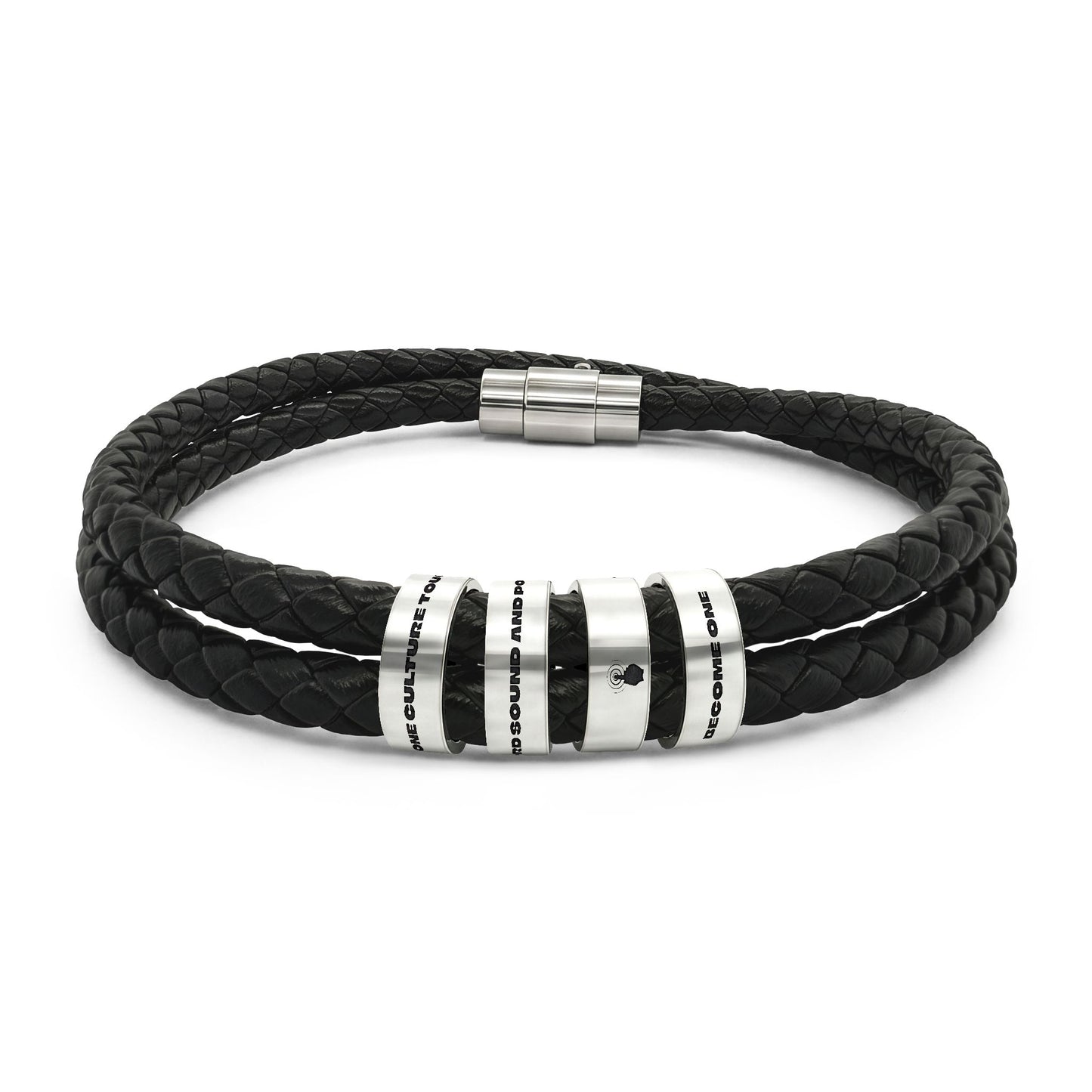 Engraved Leather Beaded Bracelet — Personalized Black Braided Wristband