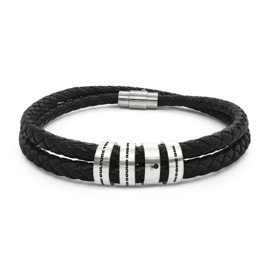 Engraved Leather Beaded Bracelet — Personalized Black Braided Wristband